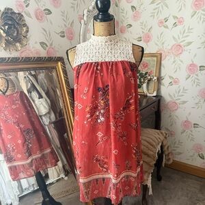 Bohemian Floral Burnt Orange Dress with Crochet Detail